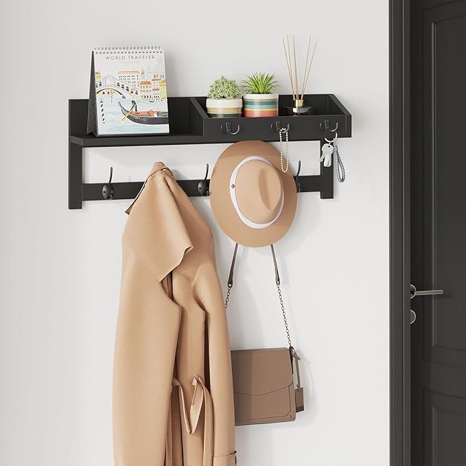 AMBIRD Wall Hooks with Shelf 26.57inch Entryway Wall Hanging Shelf Wood Coat Hooks for Wall Coat Rack Wall Mount Rack with 5 Dual Hooks 3 Key Hooks Mail Organizer and Key Rack Key Holder (Black)-Ruum Studio Home