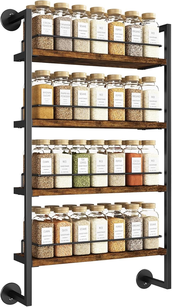 IBUYKE Spice Rack Wall Mount,4 Tier Hanging Seasoning Organizer,Large Spice Rack for Wall for up to 50 Jars,Spice Organization for Kitchen Cabinet,Bathroom,Pantry,Living Room,Brown TLJ016H-Ruum Studio Home