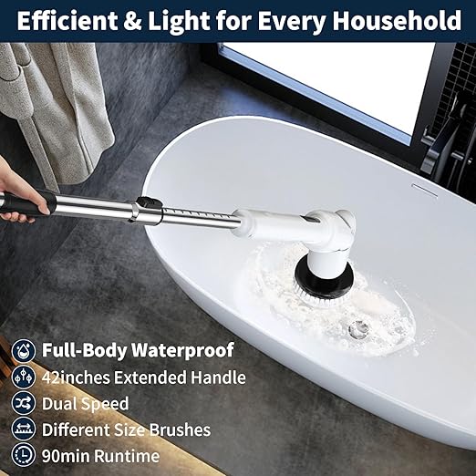 Electric Spin Scrubber - Cordless Cleaning Brush with Digital Display, 2 Speeds, 8 Brush Heads, IPX7 Waterproof, Adjustable Long Handle for Bathroom, Tub, Tile, Shower, and Car-Ruum Studio Home