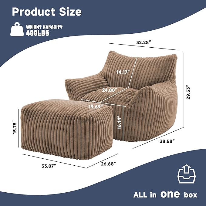 Giant Bean Bag Chairs for Adults, Oversized Chaise Lounge Chair Indoor with Memory Foam - Plush Boneless Lounger & Ottoman for Bedroom, Living Room, Gaming & Reading, Lazy Floor Sofa Chair, Khaki-Ruum Studio Home