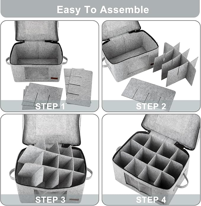 2 Pack Wine Glass Storage Box with Dividers, Stemware Storage Containers for Packing and Moving, China Storage Containers Box for 12 Crystal Glassware, Wine Glasses, Drinkware,Light Gray-Ruum Studio Home