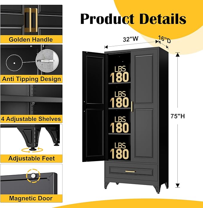 75" Kitchen Pantry Cabinet with Drawer, Metal Storage Cabinets with Doors and 4 Adjustable Shelves,Black Kitchen Cabinet with 2 Gold Handles,Food Cupboard for Livingroom,Pantry-Ruum Studio Home