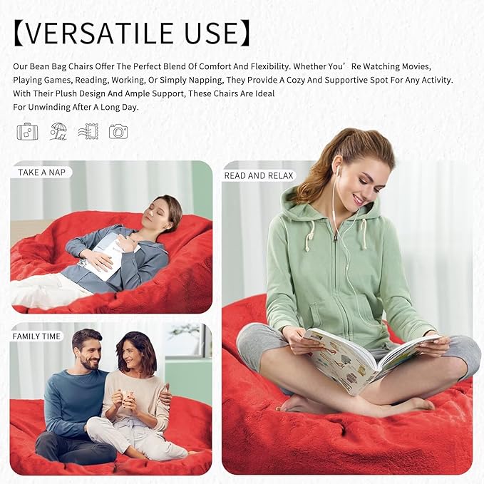 Bean Bag Chair for Adults 5FT,Soft Removable Cover for Teens/Girls Bedroom,Fluffy Giant Round Floor Beanbag Lounger Chairs (No Filler,Big Red)-Ruum Studio Home