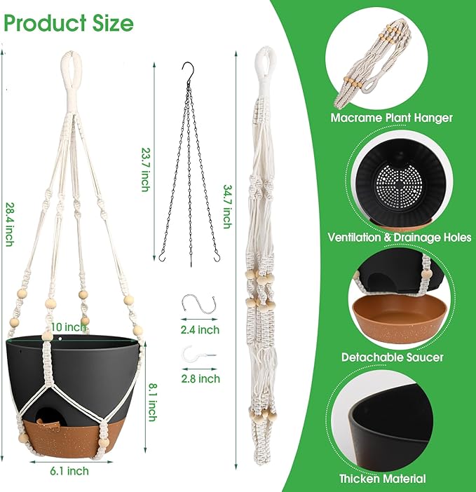 Hanging Planters for Indoor Outdoor Plants, 2 Pack Self Watering Hanging Pot with Drainage Holes, Removable Tray & 2 Kinds of Plant Hangers, 10'' Hanging Flower Pots for Home Garden Decor, Black-Ruum Studio Home