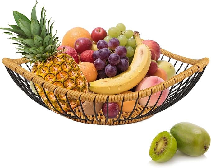 Vine Woven Iron Fruit Bowl, Metal Wire Fruit Basket, Vegetable Drain Basket, Storage Baskets for kitchen counter, countertop,Snacks, Candy, Bread,Cosmetics,Table decorative(12 x 3.7 Inches)-Ruum Studio Home
