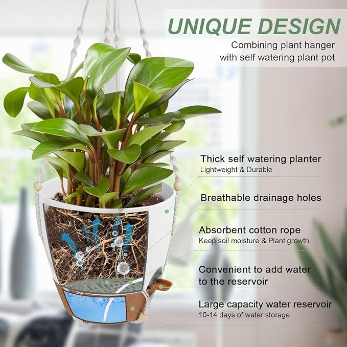 41.5 Inch Macrame Plant Hanger Indoor Outdoor with 12 Inch Flower Pot, Hanging Planter for Plants Holder with Wood Beads for Boho Home Decor (Ivory+White)-Ruum Studio Home