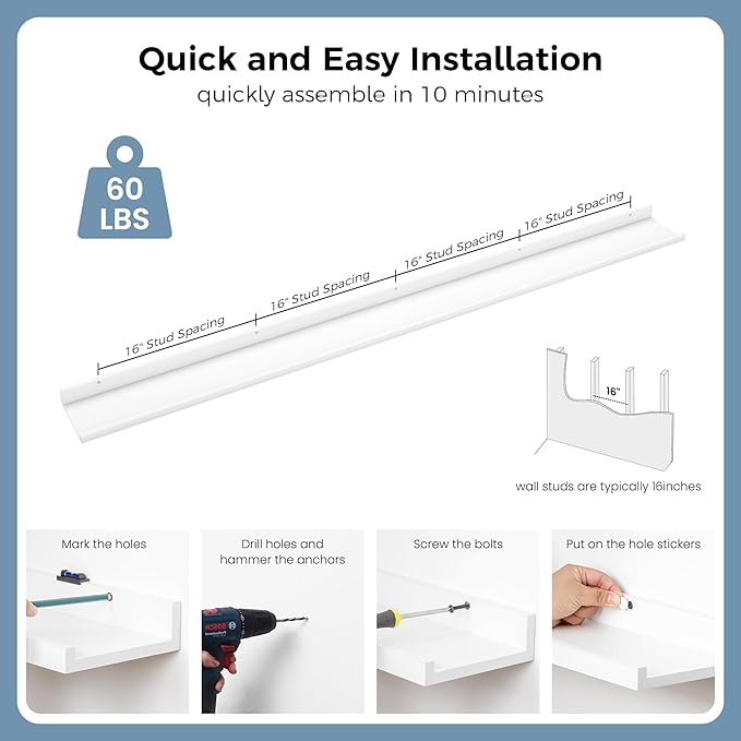 Picture Ledge Shelf for Wall, 72 inch Nursery Book Shelves 4 Packs, Large Long Floating Ledge Shelves for Kid's Room Bedroom Bathroom Living Room Photo Frames Office Nursery Wall Decor, White-Ruum Studio Home