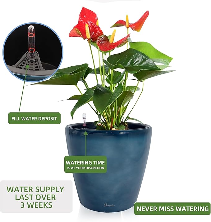 Dexceder 15x14 Self Watering Planter with Wheels Indoor Outdoor, Inner Pot Design, Thickened Large Floor Standing Flower Plant Pot with Water Level Indicator (Grayish Green Gradient)-Ruum Studio Home