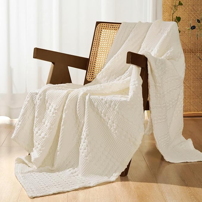 PHF 100% Cotton Waffle Weave Throw Blanket, Soft Lightweight Breathable Cozy Summer Throws for Couch Bed Sofa, Luxury Aesthetic Woven Blanket for Home Decor & Office, 50"x60", Ivory-Ruum Studio Home