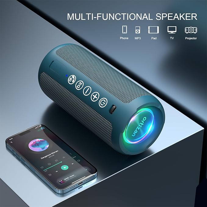 Ortizan Portable Bluetooth Speaker: IPX7 Waterproof, 24W Loud Sound, Deep Bass, Bluetooth 5.3, LED Lights, Wireless Stereo Pairing, 30H Playtime, for Home/Outdoor/Party/Beach, Birthday Gift (Blue)-Ruum Studio Home