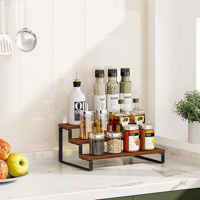Giikin 3-Tier Spice Rack, 13.8 Inch Wood Step Shelf Countertop Spice Storage Holder, Kitchen Pantry Cabinet Organizer Cupboard for Spice Bottles, Jars, Seasonings, Baking Supplies, Metal Frame-Ruum Studio Home