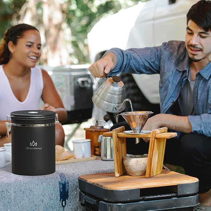 35OZ Coffee Canister for ground coffee with Date Tracker,One Way Co2 Valve 304 Stainless Steel Kitchen Food Airtight storage container for Coffee Beans or Grounds, Sugar Black-Ruum Studio Home