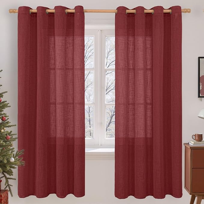 LAMIT Burgundy Red Linen Curtains 72 Inch for Living Room, Bronze Grommet Linen Textured Christmas Curtains Light Filtering Drapes for Bedroom/Dining Room, Set of 2, 52 x 72 Inch-Ruum Studio Home