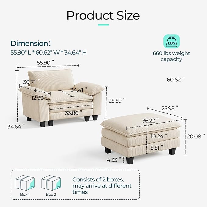 LINSY HOME Sofa Chair with Movable Ottoman - Corduroy Cloud Couch Chair Soft Comfy Modern Sofa Chaise Single Sleeper Chair Bed for Living Room Apartment Office, Beige-Ruum Studio Home