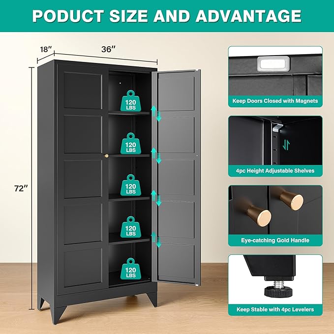 Metal Storage Cabinets with 2 Doors and 5 Shelves,Tall Storage Cabinet,Large Cupboard Closet,Pantry Storage Cabinet for Home,Office,Bathroom,Dining/Living Room (Black, 72" H)-Ruum Studio Home
