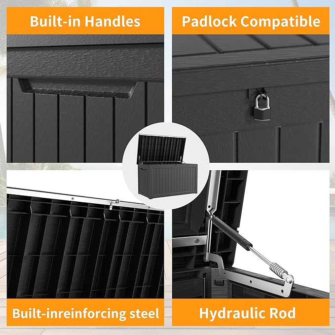 230 Gallon Deck Box Large Outdoor Storage for Patio Furniture,Outdoor Cushions,Garden Tools and Pool Supplies,Waterproof,Resin,Lockable(Black)-Ruum Studio Home