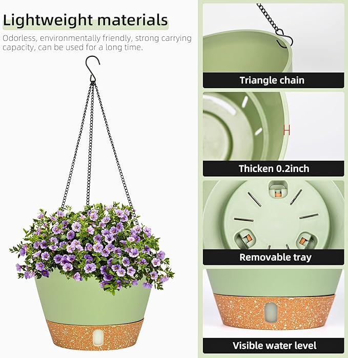 QCQHDU 2 Pack Hanging Planters for Indoor Outdoor Plants, 8 Inch Hanging Baskets Flower Pots with Reservoir Tray & Visible Water-Level-Ruum Studio Home