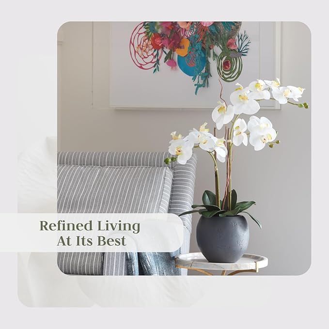 Faux White Orchid Plant, Premium Artificial Indoor Flower Display Stands 25-Inches with Beautiful Sculptural Blooms and Foliage That Lasts Forever, Grey Planter Pot Included-Ruum Studio Home