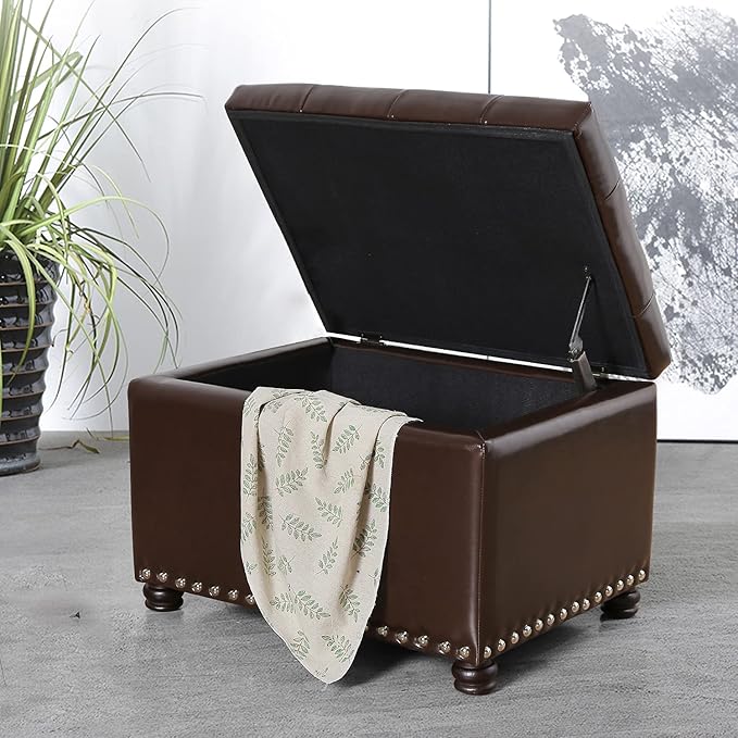 24'' Leather Storage Ottoman Rectangular Foot Rest Stool with Nailhead Trim for Bedroom Living Room(Dark Brown)-Ruum Studio Home