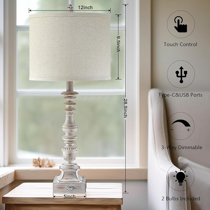 Farmhouse Table Lamps for Bedroom Set of 2 Vintage 3-Way Dimmable Touch Control Nightstand Lamps, Bedside Lamps for Living Room, Traditional Nightstand Lamp End Table lamps 28.5" (Bulbs Included)-Ruum Studio Home