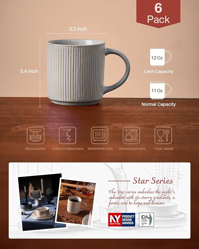 famiware Coffee Mug Set for 6, Star 12 oz Catering Mugs Cup Set with Handle for Coffee, Tea, Cocoa, Milk - Ceramic Stoneware Drinkware Set, Matte Grey-Ruum Studio Home