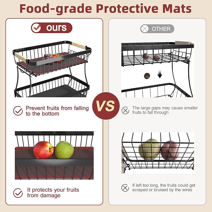 2 Tier Fruit Basket for Kitchen Counter with 2 Mobile Banana Hangers, 2025 Pro Detachable Metal Fruit Bowl with Wooden Handle, Fruit Holder for Bread Snack Veggies with Protective Mats-Ruum Studio Home