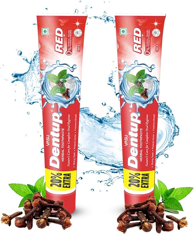 Vasu Dentup RED Herbal Toothpaste - Herbal Oral Care with Clove Oil & Mint - Fluoride-Free Natural Toothpaste for Daily Use - Fights Plaque, Freshens Breath, Soothes Gums - 5.03 fl.oz each (Pack of 2)-Ruum Studio Home