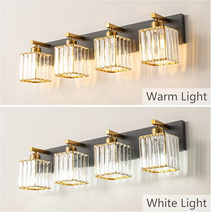 Modern Bathroom Vanity Light 4-Lights Black Gold Crystal Bathroom Wall Light Vanity Light Fixtures，28.34-inch Modern Minimalist Design-Ruum Studio Home