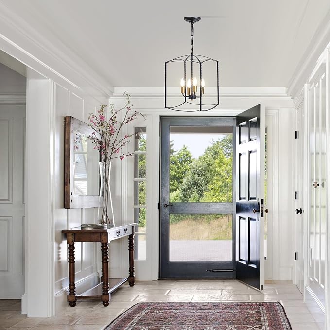 Farmhouse 4 Lights Pendant Light, Industrial Black Lantern Chandelier with E12 Gold Base Metal Cage Rustic Geometric Hanging Light Fixtures for Kitchen Island Foyer Entryway Dining Room-Ruum Studio Home