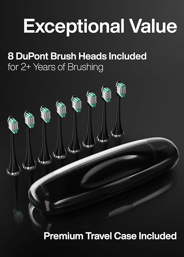Aquasonic Black Series Ultra Whitening Toothbrush – ADA Accepted Electric Toothbrush- 8 Brush Heads & Travel Case – 40,000 VPM Electric Motor & Wireless Charging - 4 Modes w Smart Timer-Ruum Studio Home