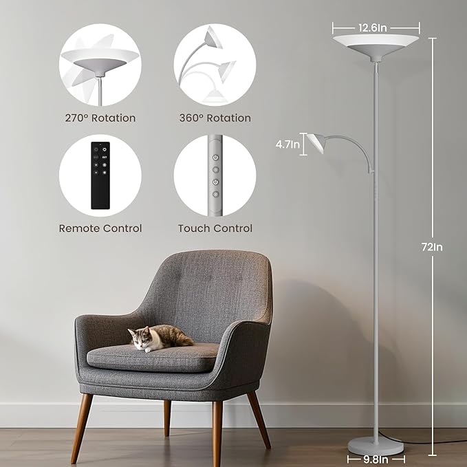 Sliver Gray Torchiere Floor Lamp with Reading Light, 4 Color Temperatures, Dimmable & Individual Light Control Standing Lamp, 34W Bright Tall Lamp with Remote for Living Room Bedroom Office-Ruum Studio Home