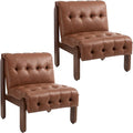 Modern Armless Accent Chair Set of 2 for Living Room, Brown PU Leather Button Tufted Upholstered Lounge Reading Chair with Walnut Wood Frame-Ruum Studio Home