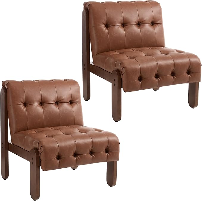 Modern Armless Accent Chair Set of 2 for Living Room, Brown PU Leather Button Tufted Upholstered Lounge Reading Chair with Walnut Wood Frame-Ruum Studio Home