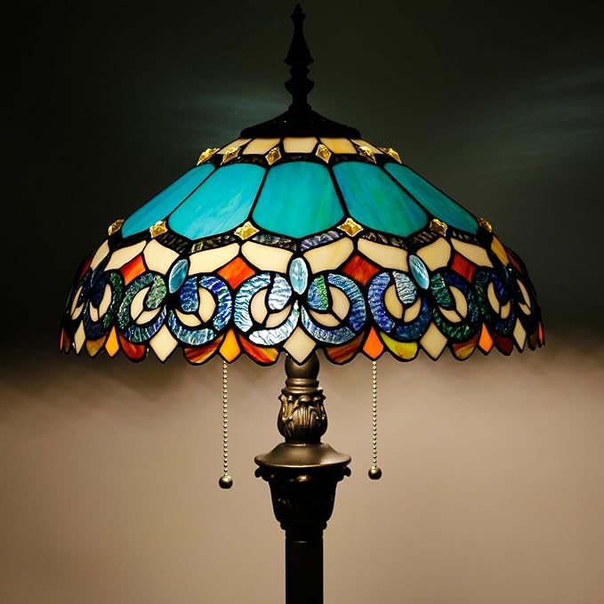 Tiffany Floor Lamp Stained Glass Lamp Standing Reading Light 16x16x70 Inch for Living Room (Blue Jewelry Baroque Style)-Ruum Studio Home