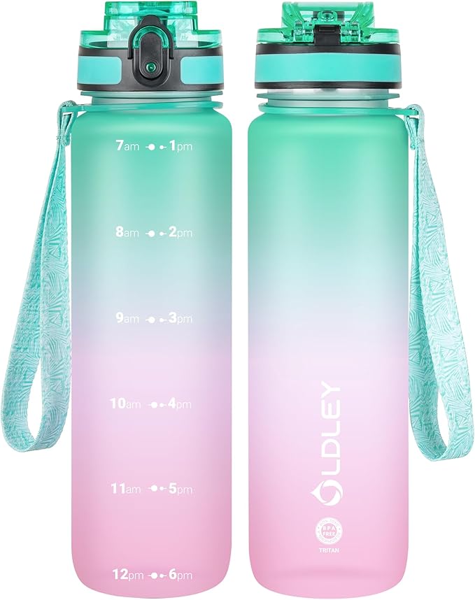 OLDLEY 32 oz Water Bottle, Motivational Water Bottle with Time Marker, Sports Water Bottle With Strap, Leakproof & BPA Free Large Water Bottles for School, Gym, Travel, Outdoor, Tritan,Green&Pink-Ruum Studio Home