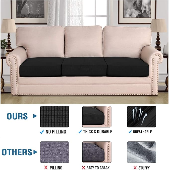 H.VERSAILTEX Super Stretch Individual Seat Cushion Covers Sofa Couch Slipcover Sets Thick Jacquard Textured Twill Fabric (3 Piece Covers, Black)-Ruum Studio Home
