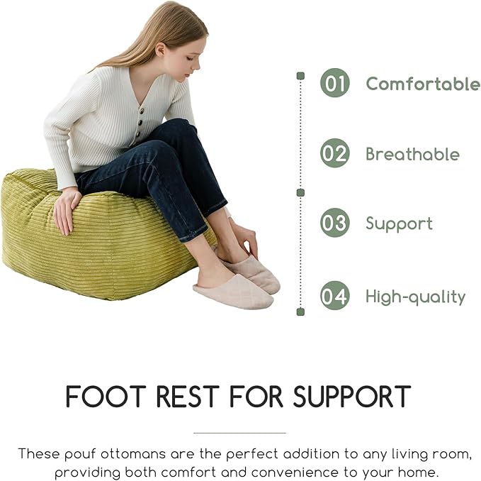HIGOGOGO Square Stuffed Pouf Ottoman, Corduroy Poufs with Foam Chunk Filling, Furry and Fluffy Pouf Foot Stool Storage Ottoman, 25.6 X 25.6 Floor Poufs Foot Rest for Living Room, Green-Ruum Studio Home