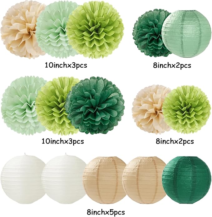 Sage Green-Boho Party-Decorations Paper Flowers Lanterns - 15PCS Birthday Gender Neutral Baby Shower Tissue Pom Poms Streamers, Champagne Gold Rustic Wedding Graduation Hanging Supplies Decor Hugfond-Ruum Studio Home