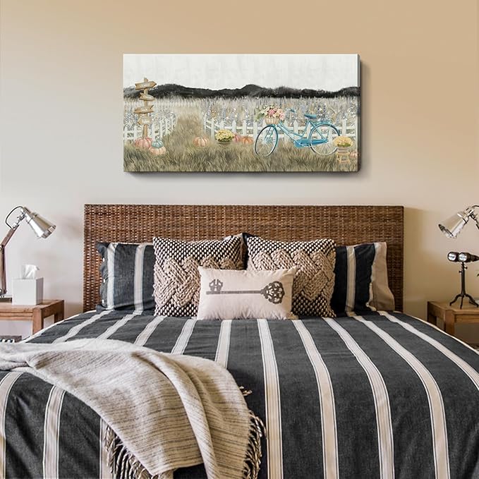 Large Wall Art for Living Room Farmhouse Wall Decor, Modern Boho Vintage Organnic Country Rustic Cottagecore Neutral Landscape Artwork with Mountains Bicycle Flower, Floral Picture Bedroom Kitchen-Ruum Studio Home