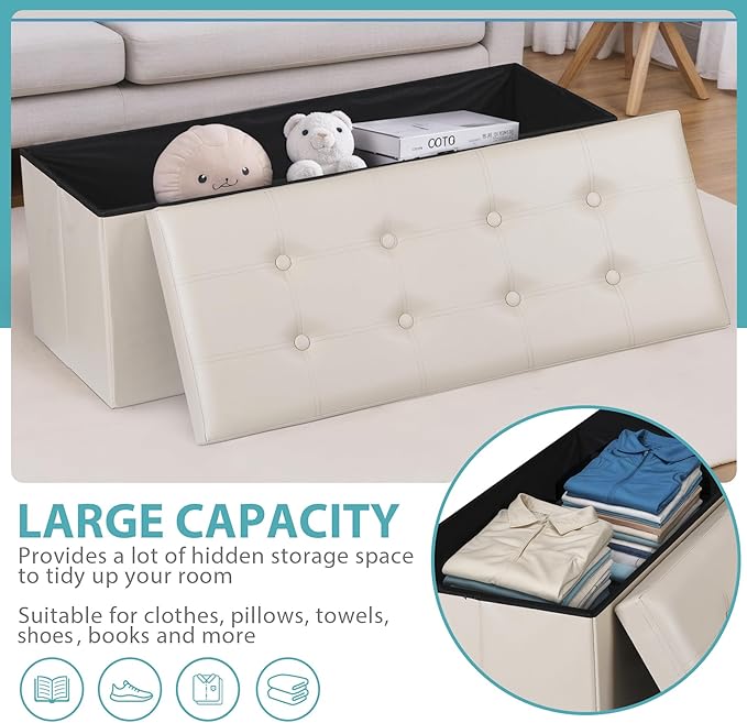 SUPER DEAL Folding Ottoman Bench with Storage, 43 Inch Padded Seat Footrest Shoes Bench for Bedroom Living Room Entryway, 660 lbs Capacity 43"x 15"x 15", Faux Leather, Beige-Ruum Studio Home