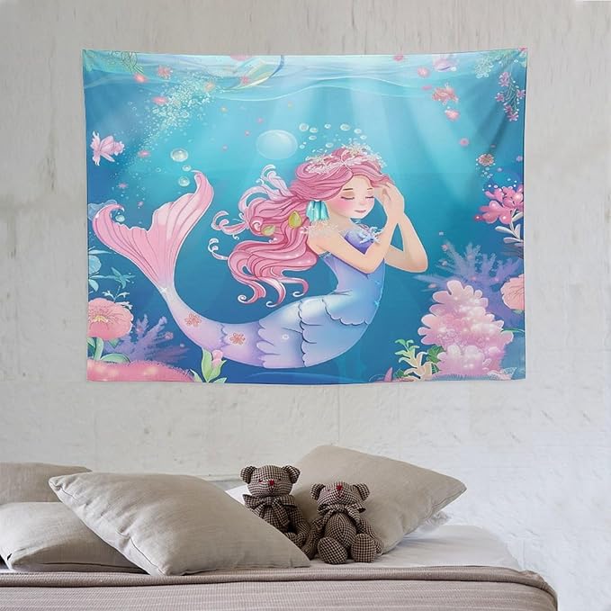 HZOHNAGO Mermaid Girls Tapestry Watercolor Flowers Mermaid Princess Blessing Pattern for Kids Room Decoration Printed Wall Tapestry Wall Hanging for Bedroom Living Room Dorm 40" W x 30" H-Ruum Studio Home