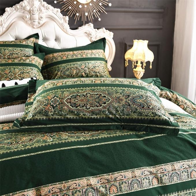 ABREEZE Bohemian Vintage King Size Floral Cotton Bedding Set 3Pcs Duvet Cover Set Boho Green Paisley 100% Egyptian Brushed Cotton Reversible Home Bedding Collection-Ruum Studio Home
