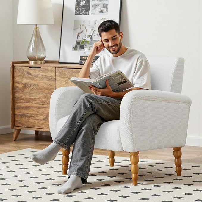 Chenille Fabric Accent Chair, Upholstered Armchair with Solid Wood Legs, Modern Living Room Accent Chair, Comfy Single Sofa Chair Reading Club Chair for Bedroom Reception Lounge, White-Ruum Studio Home