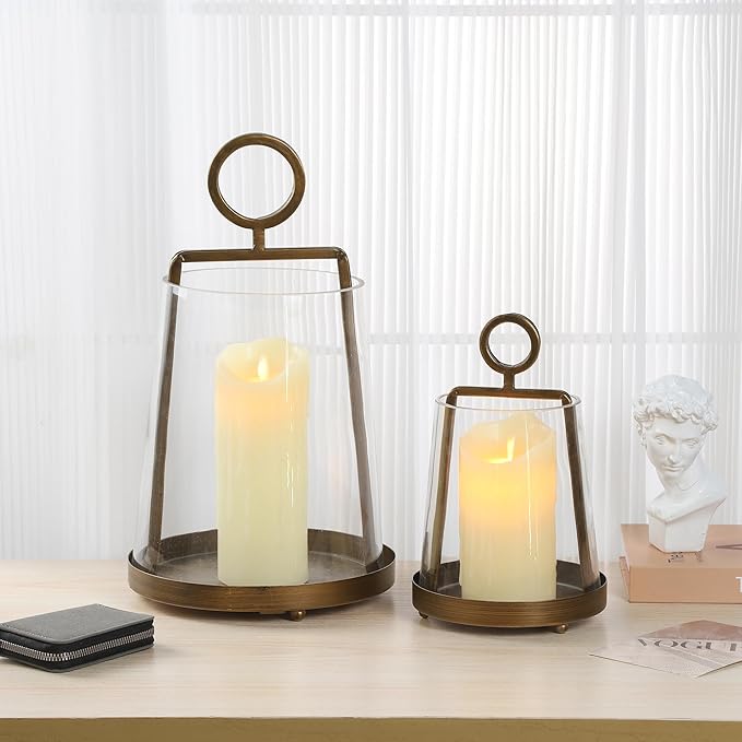 6" Wide Modern Farmhouse Metal Hurricane Candle Holder with Handmade Sturdy Glass Sleeve in Antique Brass for Pillar Candle & Plants, Hurricane Lantern, Industrial, Minimalistic (1, Brass, 6"x10")-Ruum Studio Home
