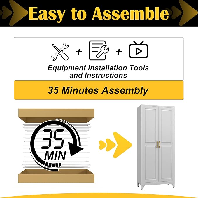 Kitchen Pantry Cabinet,75”White Metal Storage Cabinets with Doors and 4 Adjustable Shelves,Kitchen Cabinet with 2 Gold Handles,Tall Cabinet for Livingroom,Pantry, Bathroom-Ruum Studio Home