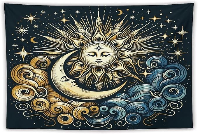 HZOHNAGO Sun Moon Tapestry Boho Golden Stars Pattern Printed Wall Tapestry Wall Hanging for Bedroom Living Room Dorm 90" W x 60" H-Ruum Studio Home