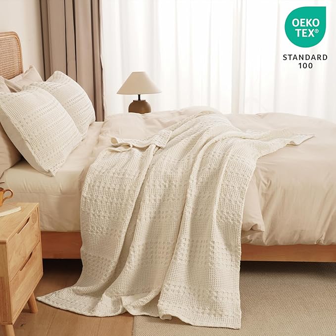 PHF 100% Cotton Waffle Weave Throw Blanket, Soft Lightweight Breathable Cozy Summer Throws for Couch Bed Sofa, Luxury Aesthetic Woven Blanket for Home Decor & Office, 50"x60", Undyed-Ruum Studio Home