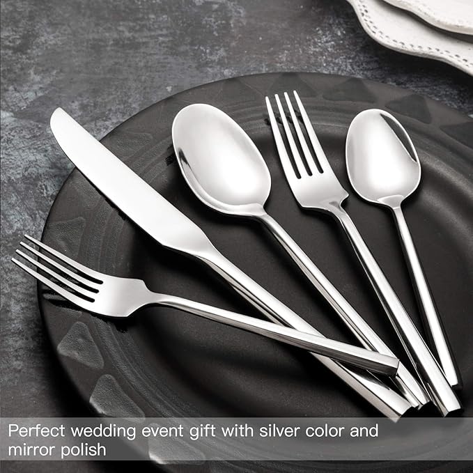 Hand Forged Stainless Steel Flatware Set Silverware Set Cutlery Set Hexagon Handle 5 Pieces Service for 1-Ruum Studio Home