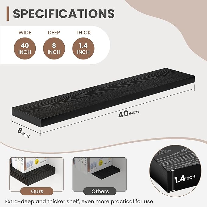 40 Inch Floating Shelves, 8 Inch Deep Floating Shelves for Wall, Hanging Shelf with Invisible Brackets, Deep Shelves for Bathroom, Bedroom, Living Room, Black, Set of 2-Ruum Studio Home
