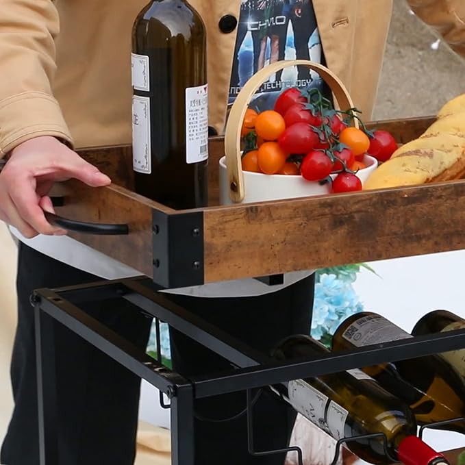 Bar Cart Serving Wine 3 Tier Home Rolling Rack with Wheels Mobile Kitchen Industrial Vintage Style Wood Metal Serving Trolley Serving Cart,Glass Holder Bar Cabinet-Ruum Studio Home